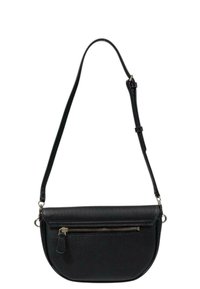 Borsa a tracolla in pelle nera con forma arrotondata, tasca frontale con zip e tracolla regolabile. Texture liscia con hardware minimo.