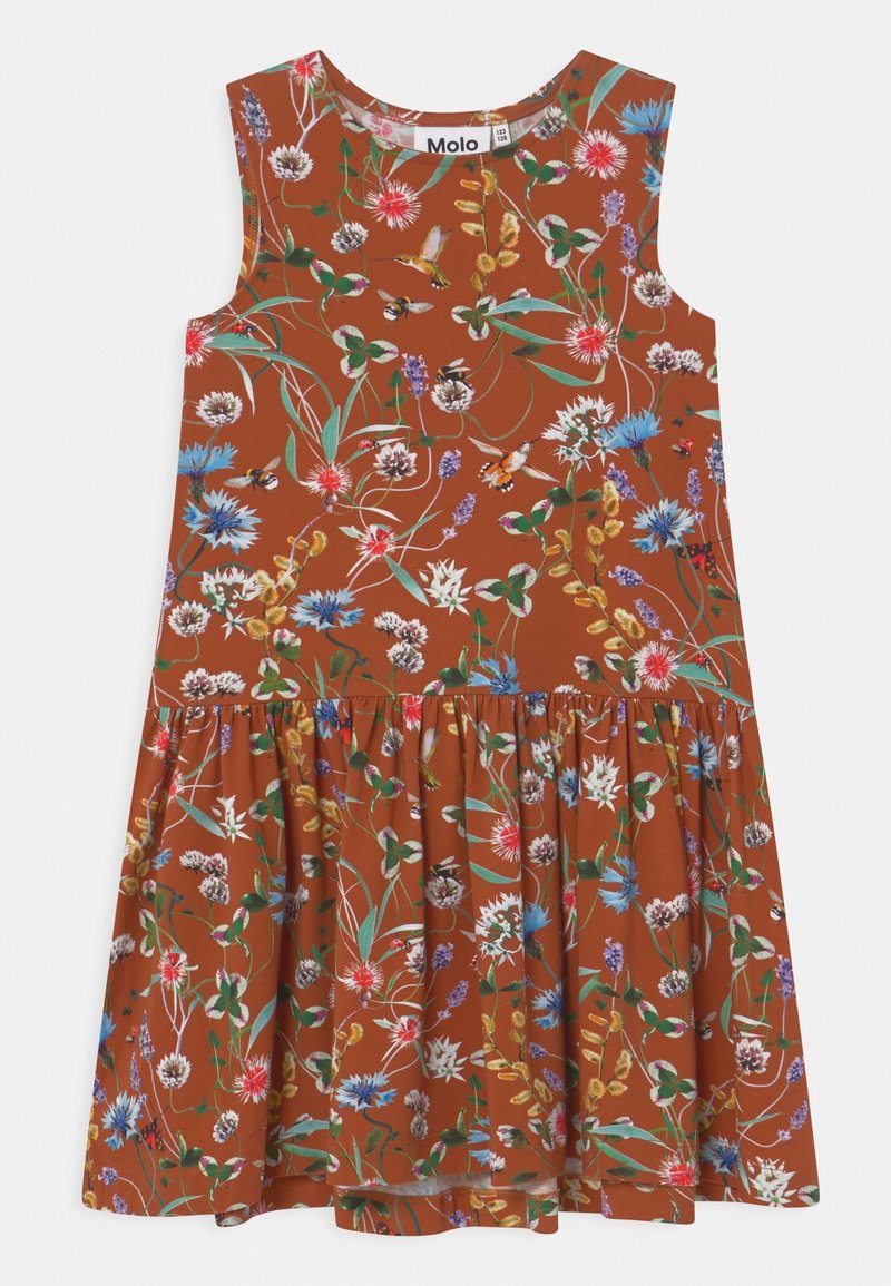Robe sans manches couleur rouille avec jupe froncée présentant un motif floral et abeilles multicolore.