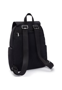 Black fabric backpack with two shoulder straps, a top handle, front zip pocket, and side mesh pockets. Features silver-tone hardware.