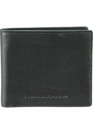Black leather wallet with textured finish; features a logo embossed on the front and minimalistic design; bi-fold style.