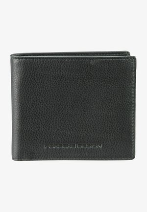 Black leather wallet with textured finish; features a logo embossed on the front and minimalistic design; bi-fold style.