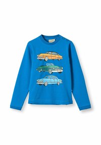 Plava dugih rukava majica s grafičkim dizajnom četiri šarena vintage automobila. Mekani pamučni materijal s detaljima gumba na ramenu.
