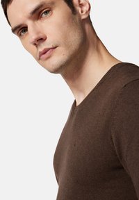 Brązowy sweter dziewiarski z dekoltem w kształcie litery V. Dopasowany fason z ściągaczem przy dekolcie i subtelnym logo na piersi. Miękka tekstura.