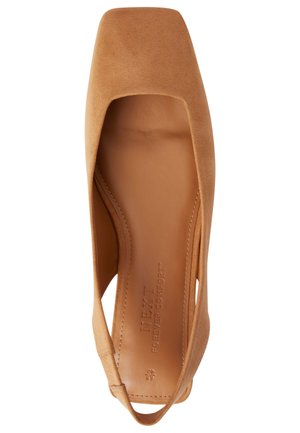 Tan suede slingback flat shoe with a square toe and padded insole labeled "NEXT Forever Comfort," size 40, shown from above.