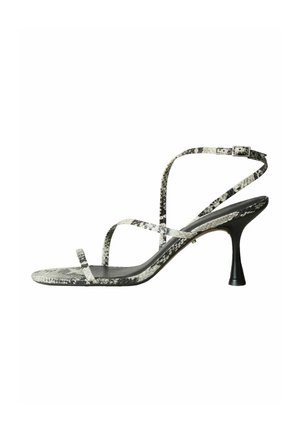Women's open-toe high heel sandal with snake print straps and a slender black stiletto heel, featuring an ankle buckle closure.