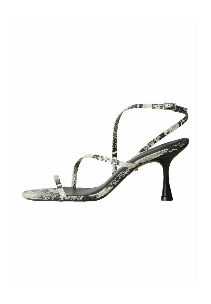 Women's open-toe high heel sandal with snake print straps and a slender black stiletto heel, featuring an ankle buckle closure.