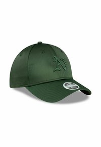 Green adjustable cap with a smooth satin finish, curved brim, embroidered logo on the front, and ventilation eyelets.