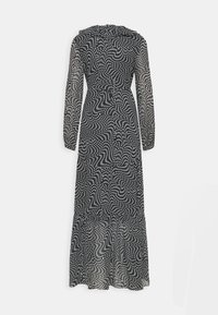 Zwarte maxi-jurk met lange mouwen, wit draaiend gestippeld patroon en een getailleerde taille, weergegeven tegen een effen lichte achtergrond.