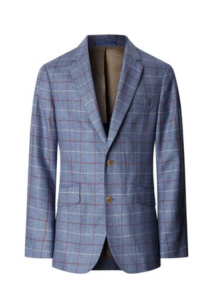 Blazer bleu pour homme avec motif à carreaux rouges et blancs, deux boutons marron, revers crantés et poches à rabat à l'avant.