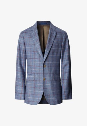 Blazer azul de hombre con patrón de cuadros ventana en rojo y blanco, dos botones marrones, solapas con muesca y bolsillos frontales con solapa.