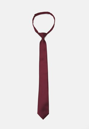 Burgundy satin tie with a smooth texture, narrow width, and pointed tip; features a loop for easy wear.