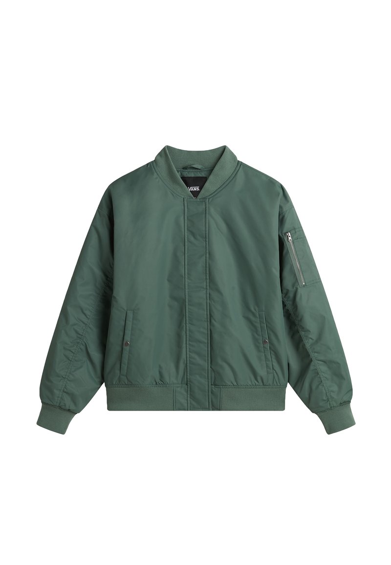 Veste bomber verte avec col, poignets et ourlet côtelés, poches avant avec boutons-pression, et une poche zippée sur la manche gauche.