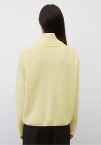 Maglione giallo a coste con colletto alto, dotato di maniche lunghe e una vestibilità comoda. La texture appare morbida e lavorata a maglia. Vista posteriore mostrata.