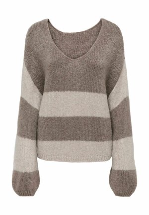 Pull rayé marron et beige, texture tricotée, col en V, manches longues et larges, matériau doux, avec des motifs alternés unis et rayés.