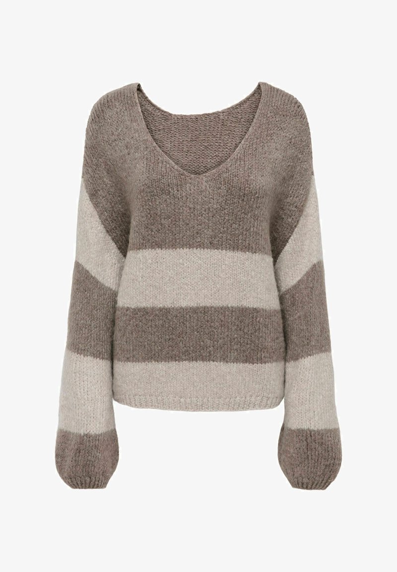 Pull rayé marron et beige, texture tricotée, col en V, manches longues et larges, matériau doux, avec des motifs alternés unis et rayés.