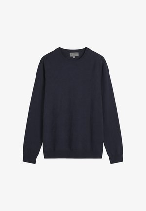 Maglione blu navy a maniche lunghe con collo rotondo, polsini e orlo a costine, con un discreto logo "AM" sul petto a sinistra.