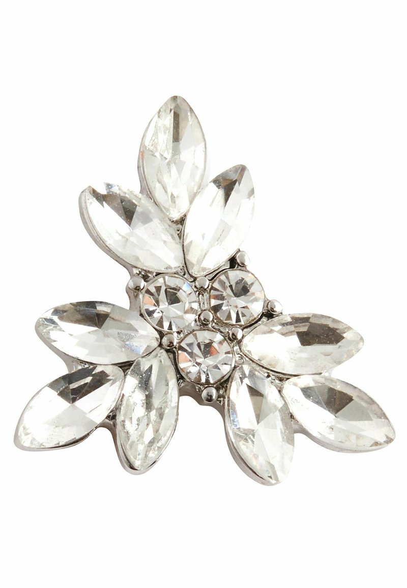 Rhinestone-Brosche mit floralem Design, besetzt mit klaren Marquise- und runden Steinen, auf einer Metallbasis in Silberoptik.