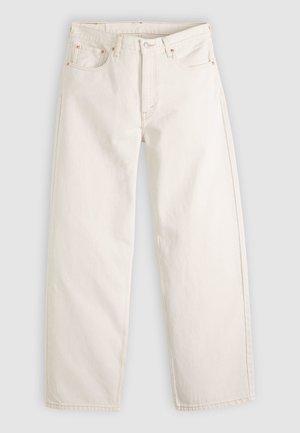 Elevandiluukollased sirgete säärega teksapüksid, millel on viis taskut, vööaasad, nööpkinnitus ja nähtav õmblus heledal taustal.