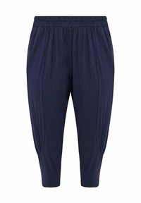 Marina blå capribyxor i mjukt material, med elastisk midja och lös passform samt två sidofickor.