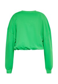 Zielona krótka bluza, długie rękawy, okrągły dekolt, miękka faktura, luźny krój, bez widocznych logotypów ani wzorów. Prosty design.
