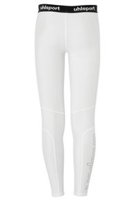 Weiße Sportleggings aus elastischem Material. Sie verfügen über einen schwarzen Bund mit dem "uhlsport"-Logo und dezente Seitennahtdetails.
