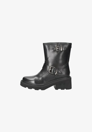 Black leather ankle boots with a rounded toe, buckle accents, and a textured block heel. Features stitched detailing and a smooth surface.