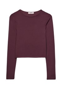 Top corto a maniche lunghe bordeaux realizzato in tessuto morbido. Presenta un collo rotondo e orli cuciti, con una silhouette aderente.