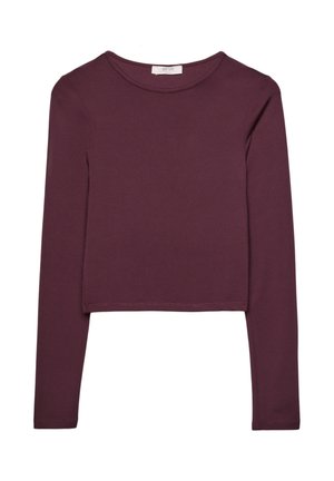 Burgundská dlhá rukávová crop top vyrobená z mäkkej látky. Má okrúhly výstrih a prešité okraje, so priliehajúcim strihom.