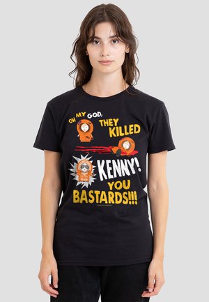 Black cotton t-shirt featuring colorful cartoon graphics and text: “Oh my God, they killed Kenny! You bastards!!!” in bold, mixed fonts.