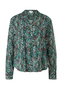 Blouse à manches longues boutonnée avec un imprimé floral sur fond vert et des touches de blanc, rouge et bleu sarcelle, avec col et coupe décontractée.
