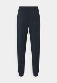 Marinblå joggerbyxor tillverkade av ett mjukt tyg med elastiskt midjeband och justerade muddarna, med en slät yta och minimalistisk design.