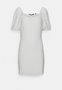 Vestido curto branco com mangas bufantes, apresentando um padrão texturizado de pontos elevados e um design em diamante. Decote quadrado, forma ajustada.