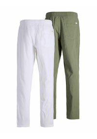 Pantalones de lino en blanco y verde oliva, con una cinturilla elástica, dos bolsillos traseros y un diseño de corte relajado.