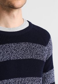 Homme portant un pull en maille bleu marine avec de larges rayures blanches horizontales par-dessus un t-shirt gris clair à col rond, sur un fond uni.
