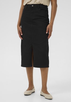 Black denim pencil skirt with a front slit, mid-length, featuring a simple design, belt loops, and a single button closure.