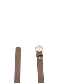 Cintura in pelle marrone con motivi in rilievo, fibbia in metallo dorato a un'estremità, texture liscia e fori regolabili lungo tutta la lunghezza.