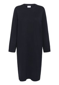 Robe tricotée marine à manches longues, encolure ronde, poignets côtelés et silhouette droite. Texture lisse, conception à longueur de genou.