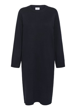 Námornícky pletený šaty s dlhými rukávmi, okrúhlym výstrihom, rebrovanými manžetami a rovnou siluetou. Hladká textúra, dizajn do kolien.