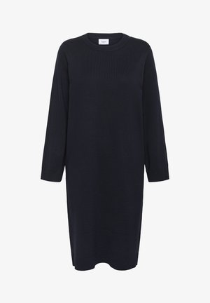 Jūrinis megztinis su ilgomis rankovėmis, apvaliu iškirpimu, raukšlėtomis rankovėmis ir tiesia siluetu. Lygi tekstūra, iki kelių ilgio dizainas.