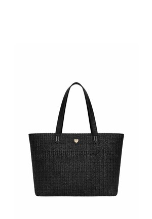 Borsa tote nera intrecciata con due manici in pelle e un piccolo emblema a forma di cuore dorato al centro della parte superiore frontale.