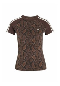 Bruin en zwart slangprint T-shirt met korte mouwen, donkerbruine raglanmouwen, witte strepen op de schouders en een klein wit logo op de borst.