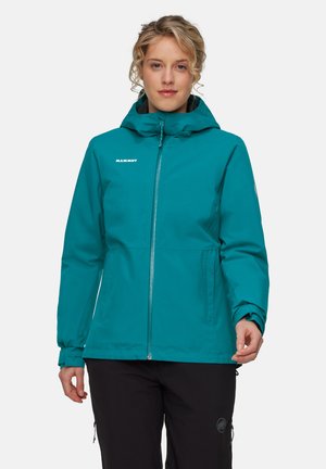 Teal vandtæt jakke med hætte, en frontlynlås og to sidelommer. Lavet af slidstærkt materiale med en komfortabel pasform.