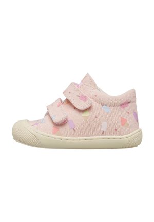 Scarpa rosa per bambino con motivo di gelati e ghiaccioli, due cinturini in velcro, suola in gomma e puntale testurizzato.