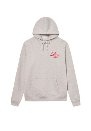 Hoodie gris en tissu doux, avec une poche avant, une capuche à cordon ajustable et un logo "LD" rouge brodé sur la poitrine.