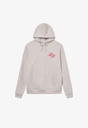 Pilkas gobtuvu megztinis, pagamintas iš minkštos medžiagos, su priekinėmis kišenėmis, reguliuojamu raišteliu ant gobtuvo ir raudonu siuvinėtu "LD" logotipu krūtinėje.