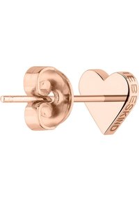 Roséguldörhängen med ett hjärtformigt mönster och en dekorativ baksida. Hjärtat har inskriptionen "LIEBESKIND." Slät yta och polerad finish.