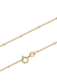 Collana in oro con piccole perline rotonde distanziate lungo un design a maglia attorcigliata. Presenta una chiusura sicura a moschettone.