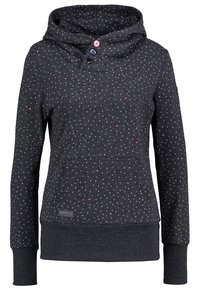 Felpa con cappuccio grigio scuro con un piccolo motivo di cerchi bianchi e cuori rosa, tre bottoni decorativi vicino al colletto e tasca a marsupio frontale.