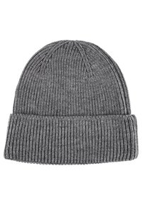 Gray knitted beanie hat featuring a ribbed texture, fold-over cuff, and a round crown, suitable for casual wear in cooler weather.
