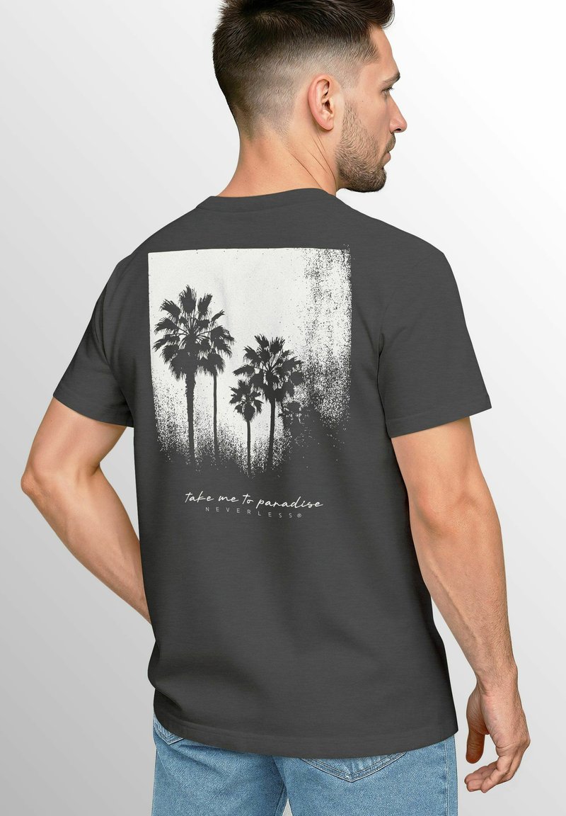 Dunkelgraues T-Shirt mit einem weißen Grafikdruck von Palmen und dem Text "Bring mich ins Paradies" in einer stilisierten Schriftart. Lässiger Baumwollstoff.